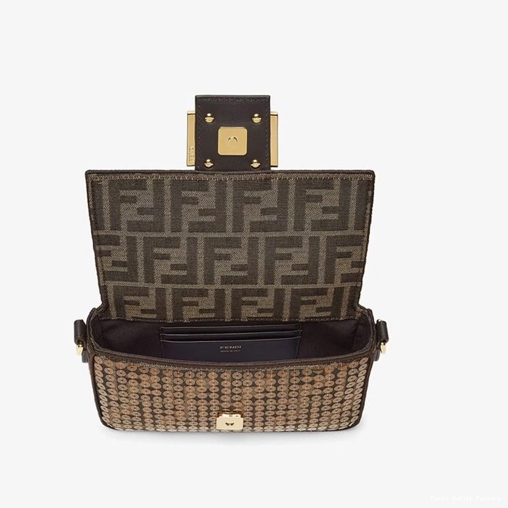 Vintage HOT with In Fendi Bag Motif Brown Mini Baguette Sequins FF Fabric 0806